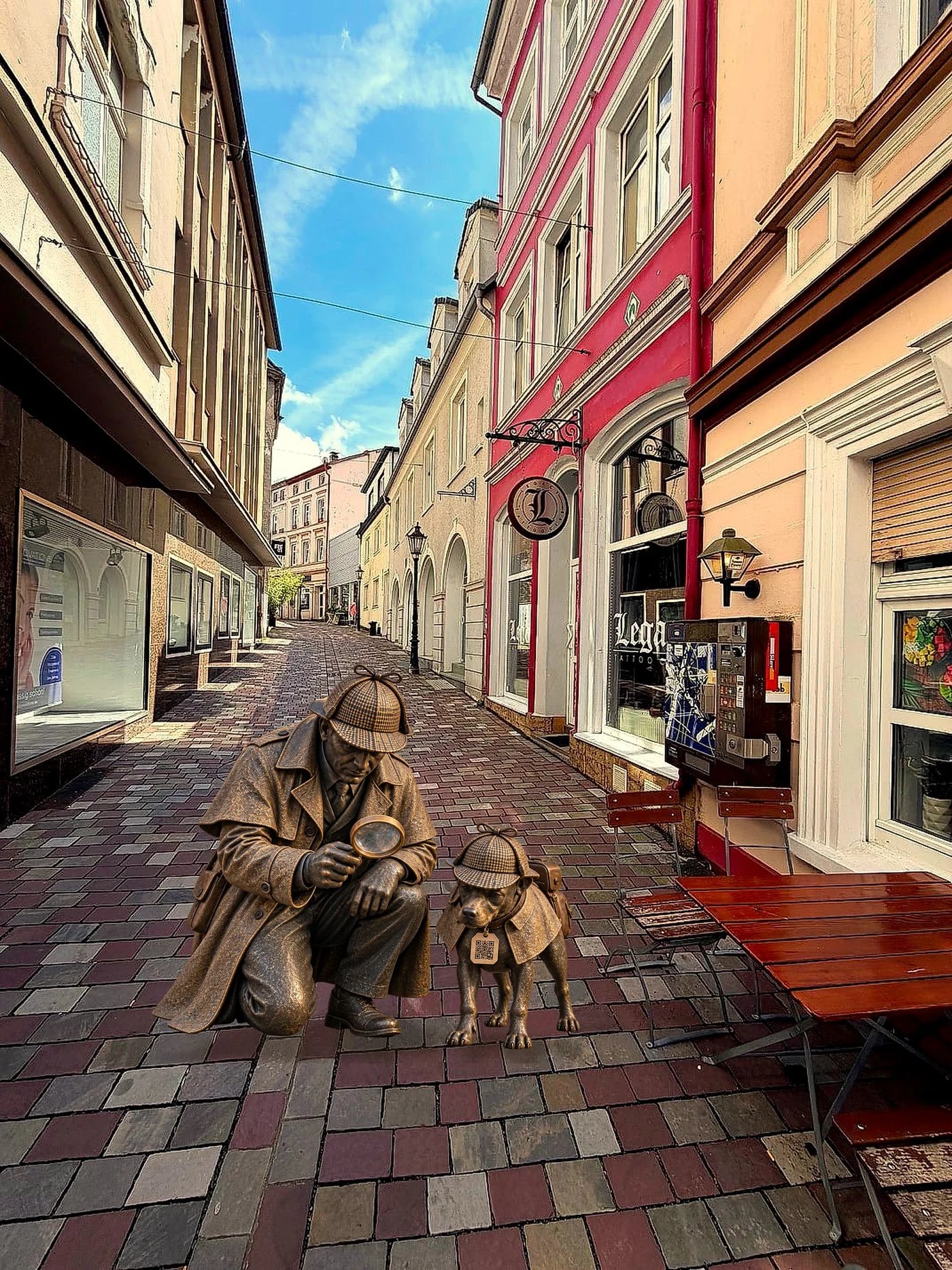 Detektivfigur mit Hund in einer Lüdenscheider Altstadtgasse